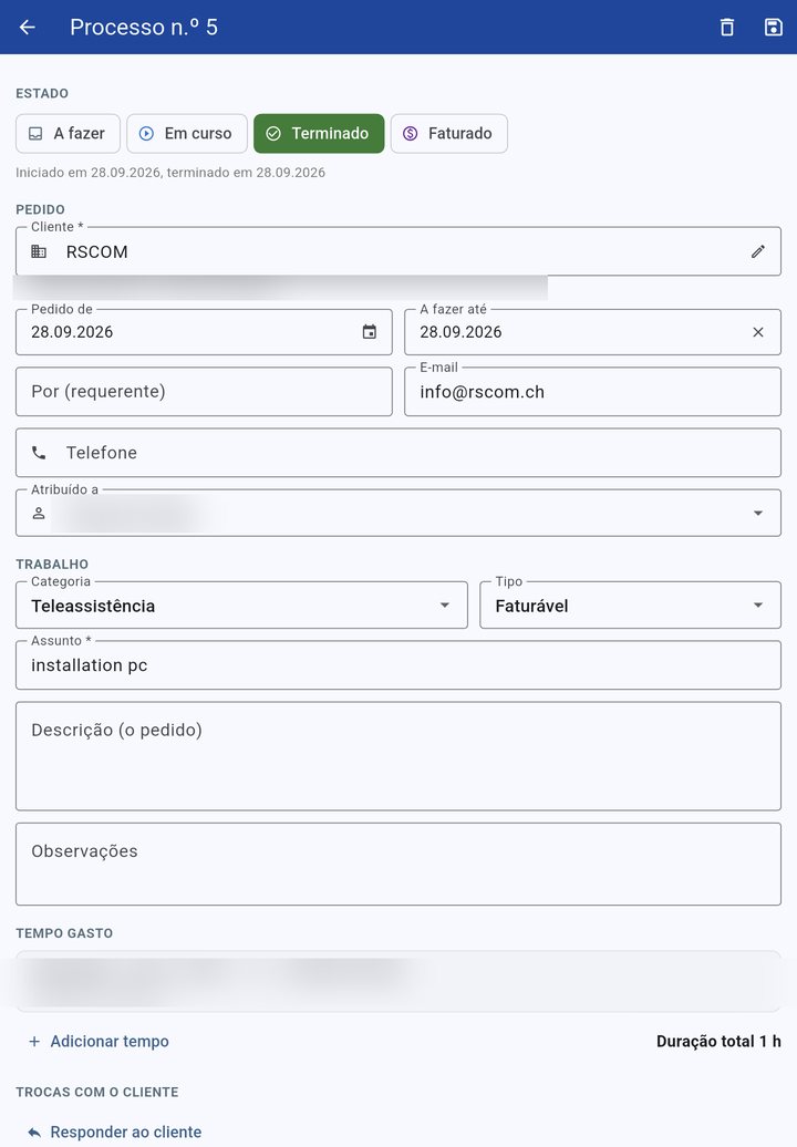 Ficha de um processo com o tempo gasto