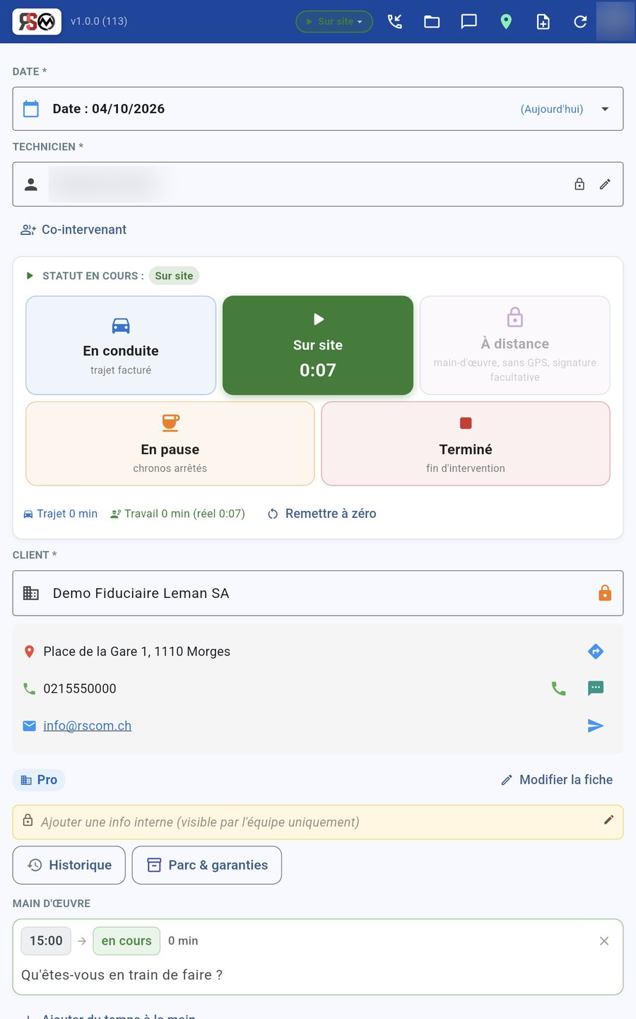 Application RSCOM Interventions : technicien sur site